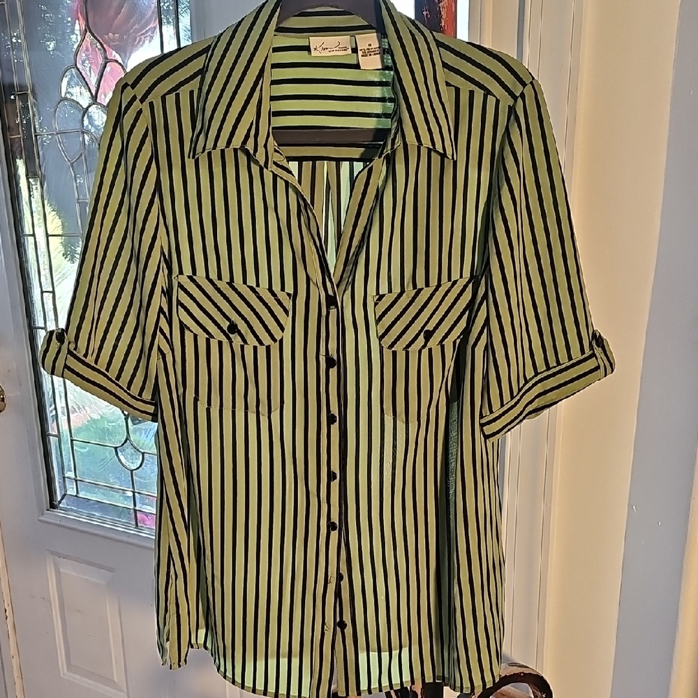 Kenar Green and Black Striped Button-Down Shirt